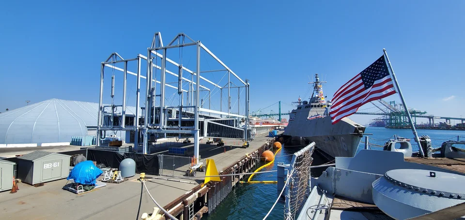 Rear view of a display support structure on the ship.