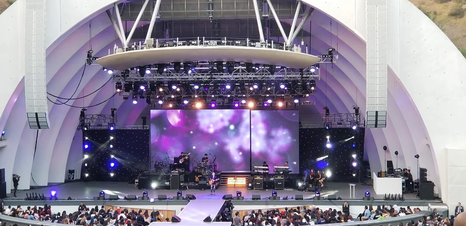 The LED backdrop within the illuminated stage.