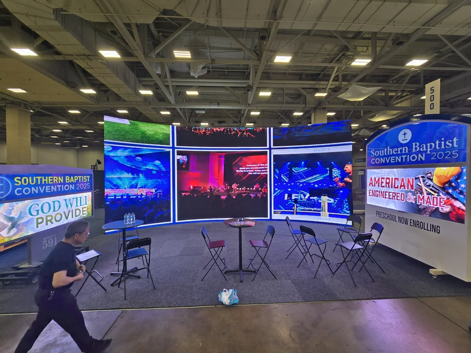 The booth viewed from the exhibition aisle.